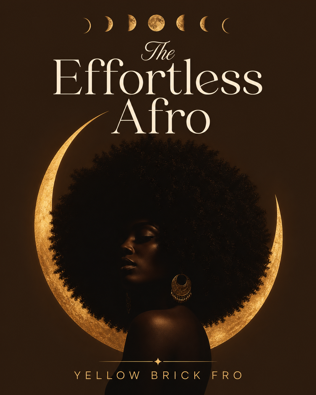 The Effortless Afro ebook cover — a deep cocoa book with gold moon phases, a full afro silhouette, and a woman's face in shadow